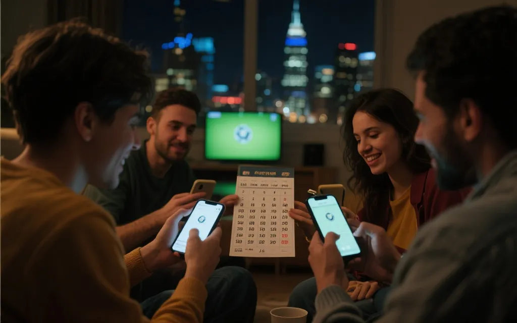 跨时区球迷在手机上协同安排观赛计划与分享赛程卡片的场景