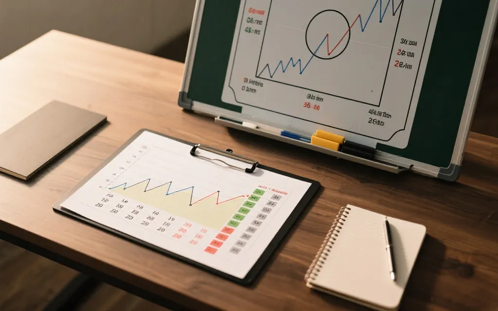 分析师在桌前研究比赛数据与战术板，旁边是世界杯赛程与折线图