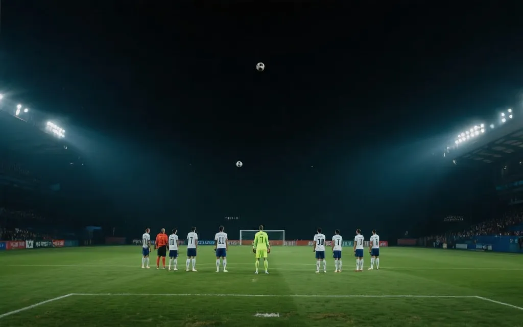 加时赛与点球大战氛围：球员站在中圈、门将专注、灯光戏剧化